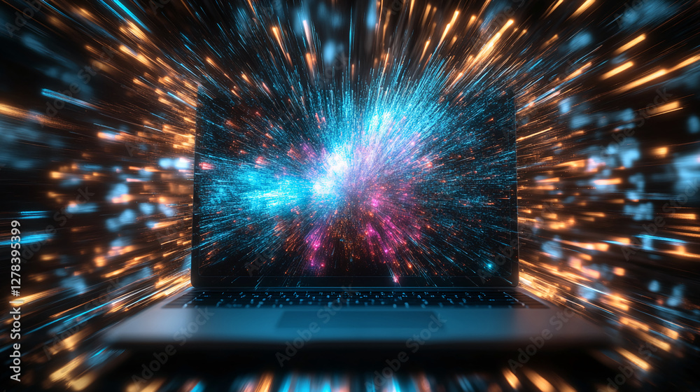 Poster A laptop with vibrant digital effects exploding from the screen, showcasing the concept of creativity, innovation, and technology through dynamic colors and motion.