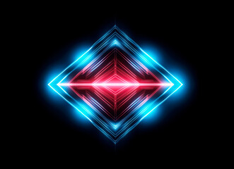 A vibrant rhombus shape glows with neon blue and red light against a dark backdrop. Abstract geometric design element with symmetrical and reflective qualities.