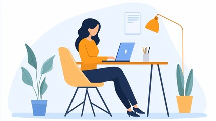 Woman working on laptop at desk.