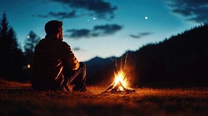 Man Contemplates Night Campfire Mountain View