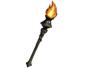 medieval torch with flickering fire at top, illuminating surroundings with warm glow, perfect for creating adventurous atmosphere
