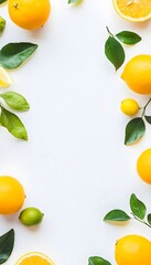 Bright fresh citrus fruits and green leaves on white background