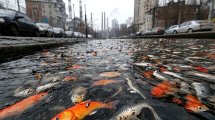 A once-beautiful river now filled with toxic waste, dead fish floating on the surface, smokestacks in the background