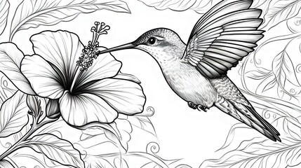 Naklejka premium A detailed black and white illustration of a hummingbird hovering near a hibiscus flower, surrounded by leaves and intricate floral patterns.