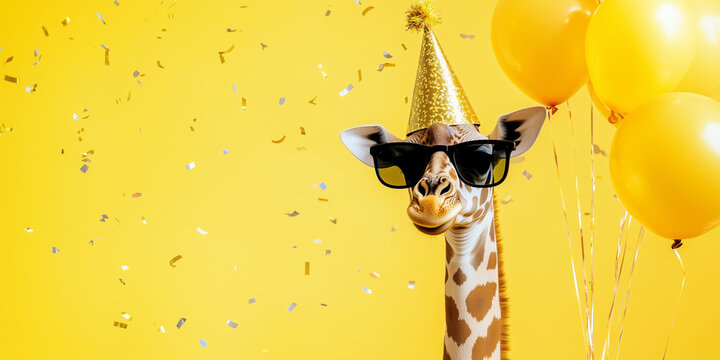 Funny cute giraffe wearing sunglasses holding happy birthday balloons and confetti explosion flying around greeting card on vibrant yellow background with copy space