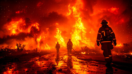 Firefighter battling intense building blaze in urban night setting