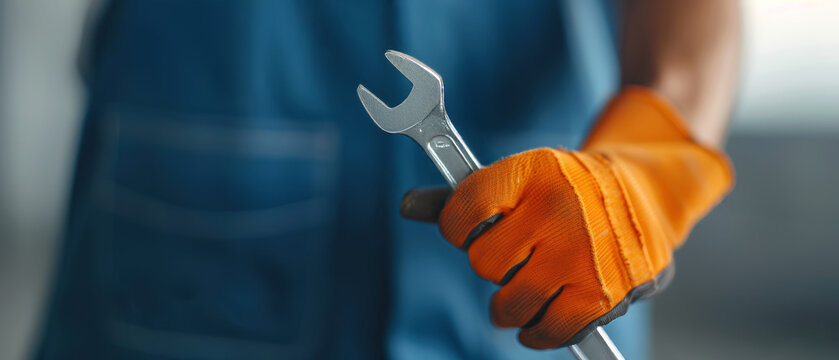 Worker holding a wrench with orange gloves in a workshop setting.