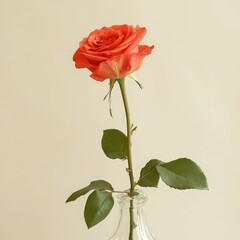 Single Coral Rose in Clear Glass Vase Against Pale Background