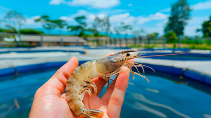 Close-up of shrimp held above aquaculture pond on a sunny day