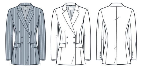 Double-Breasted Striped Blazer Technical Fashion Illustration. Classic Jacket fashion flat technical drawing template, tailored fit; front and back view, white, grey, women, men, unisex CAD mockup set