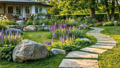 Obraz premium Butterwort near the house, Butterwort complemented by natural stones in a serene garden landscape