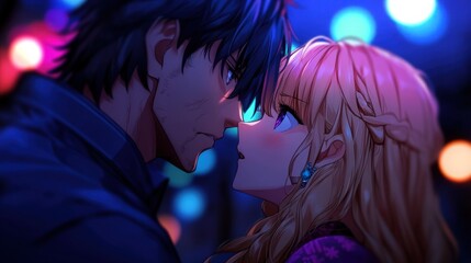 Couple's Nighttime Romance, City Lights, Close-Up