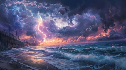 A stormy Brighton coast with energy-filled skies, powerful lightning bolts reflecting on turbulent seas, blending nature with renewable tech