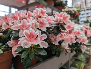 Potted pink and white azaleas in full bloom displayed in a garden center. The floral arrangement is ideal for home decor, gardening, and nature themed visuals