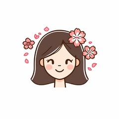 Cute South Korean-style girl with cherry blossoms in her hair, simple and stylish vector art.

