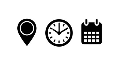 Date, Time, Address icon set. Event icons vector. Location, Calendar & clock icon transparent png white bagraound

