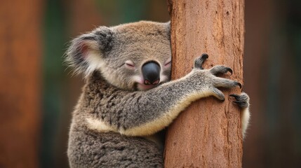 Obraz premium Adorable koala bear hugging a tree trunk, eyes closed, sleeping peacefully.