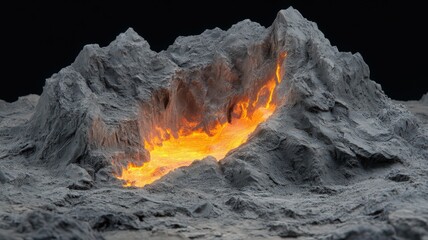 Glowing Lava Flowing Down Gray Rocky Mountain