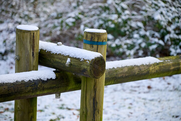 Wooden barrier covered by snow in forest path