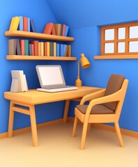 A computer sits on a desk in a cozy room, accompanied by a book shelf filled with various books, creating a productive atmosphere.