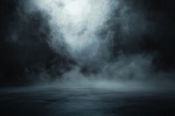 Fototapeta premium ethereal mist swirling through minimalist dark studio, volumetric lighting creating dramatic shadows, mysterious atmosphere with cinematic fog effects