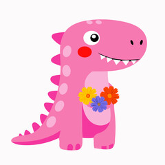 Cute Pink Dinosaur With Flowers Dinosaur Print Birthday Card