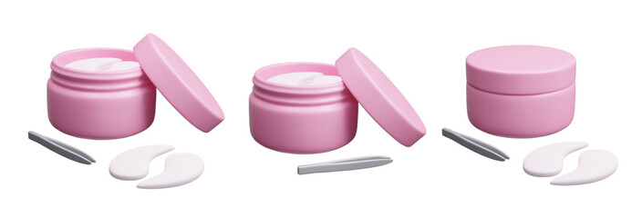 Pink 3D eye patches cosmetic bottles set vector illustration. Hydrating hydrogel eye patches packaging with tweezers applicators, Korean beauty skincare treatment, anti aging facial eye care masks 3D.
