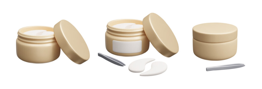 Set of golden 3D eye patches cosmetic bottles isolated on white. Luxury aesthetic skincare treatment, anti aging hydrating collagen gel eye patches make-up product 3D vector illustration.