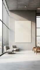 Fototapeta premium Minimalist interior space with large window and blank canvas