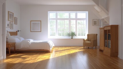 A cozy bedroom featuring a neatly made bed and a stylish chair, creating a serene and inviting atmosphere for relaxation and rest.