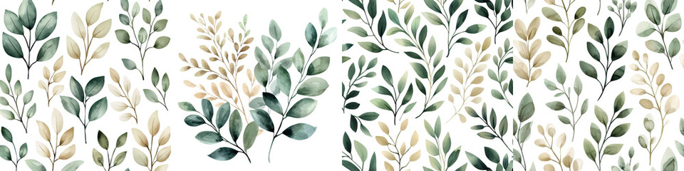 Stunning collage of vibrant and lush green foliage with golden leaves arranged in a natural organic pattern on a clean minimalist background