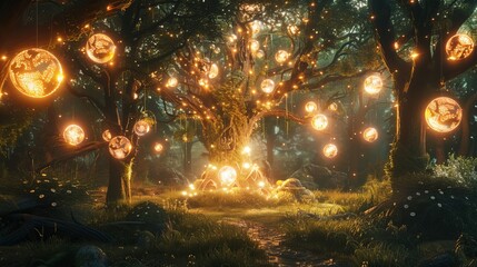 Naklejka premium A mystical scene featuring a glowing tree in a lush forest, illuminated by shimmering orbs, creating an enchanted atmosphere.