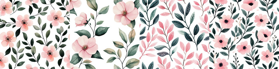 Fototapeta premium Elegant and vibrant floral pattern featuring delicate pink blossoms lush green leaves and a seamless hand drawn botanical design Ideal for romantic wallpaper textile or home decor applications