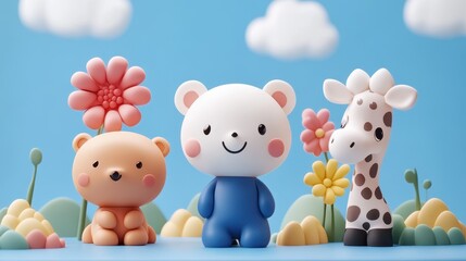 Three colorful toy animals are positioned upright on lush green grass, creating a playful and vibrant scene in nature.