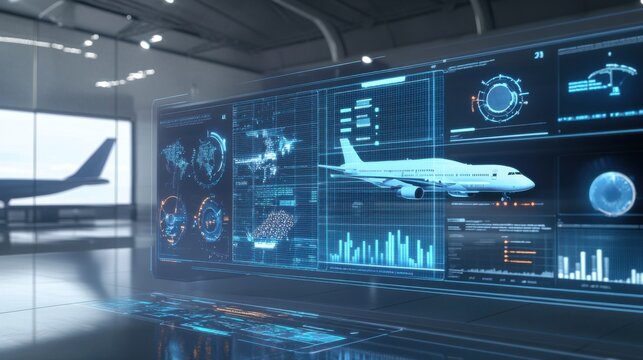 An aviation cost control infographic in a modern, clean workspace, with holographic displays showing airline cost reductions and profit growth, dynamic and futuristic
