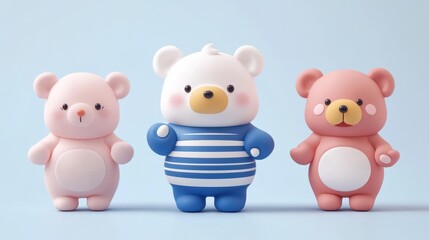 Naklejka premium Three small toy bears stand closely together, showcasing their adorable features and colorful designs in a delightful arrangement.
