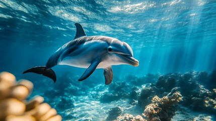 Obraz premium Majestic Dolphin in a Coral Reef Underwater Scene