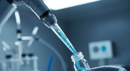 Medical laboratory pipette dropping blue liquid into glass vial. Scientific research experiment in modern clinic. Chemical testing and analysis in hospital lab