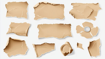 Pieces of paper with torn edges attached with adhesive tape. Realistic vector illustration set of cut collage cardboard of different shapes with teared borders. Sticky blank ragged and ripped sheets.