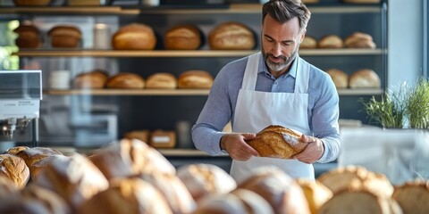 A baker inspects freshly baked bread in a cozy bakery. The warm colors and inviting atmosphere create a sense of comfort and craftsmanship. Perfect for food lovers and culinary themes. AI