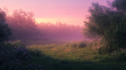 Naklejka premium Summer sunset or sunrise natural landscape with green grass, bushes and trees on meadow in foot of high mountains under pink evening or morning sky. Cartoon vector scenery with grassland near hills.