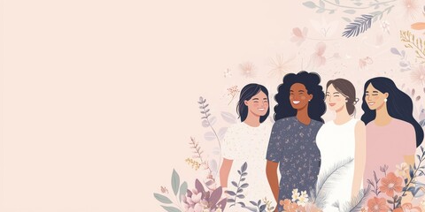 international woman's day banner, diverse women standing together, smiling ,  with floral elements around them. symbolizing unity and strength for International Women's Day