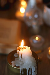 Books, lit candles, red wine, snacks and various deocration on the table. Dark academia or Halloween concept. Selective focus.