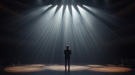 Silhouette of a Performer on Stage with Dramatic Spotlight Effects