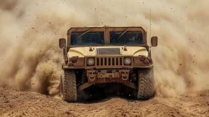 Fototapeta premium Tan Military Vehicle Speeding Through Desert Dust Cloud