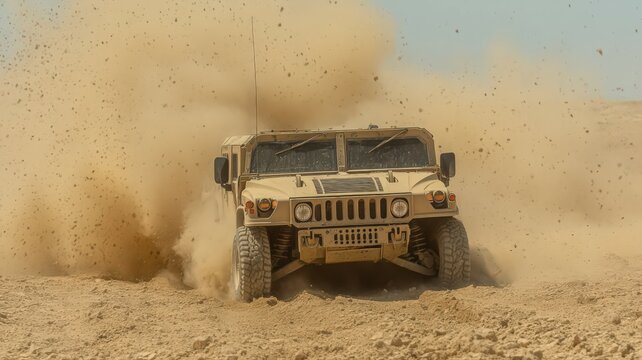 Tan Military Vehicle Speeds Through Desert, Sand and Dust Cloud