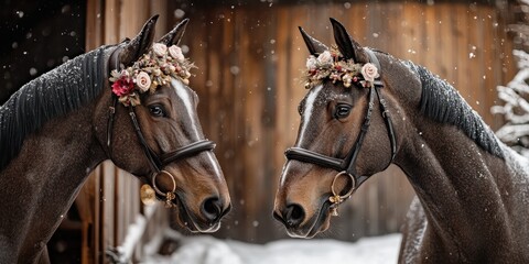 Obraz premium Majestic Equine Elegance: Two splendid horses, adorned with delicate floral wreaths, stand together in a rustic setting, their graceful forms reflecting mutual affection.