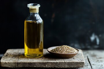 Clear Bottle of Oil Next to Bowl of Sesame Seeds on Rustic Table
