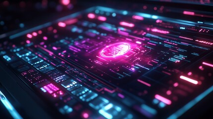 Futuristic digital interface with glowing neon elements, showcasing advanced technology and cyber concepts in a high-tech atmosphere.