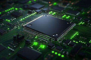 Obraz premium Close-up of an advanced microchip on a glowing green circuit board, symbolizing modern computing, AI, data processing, and high-tech innovation. 